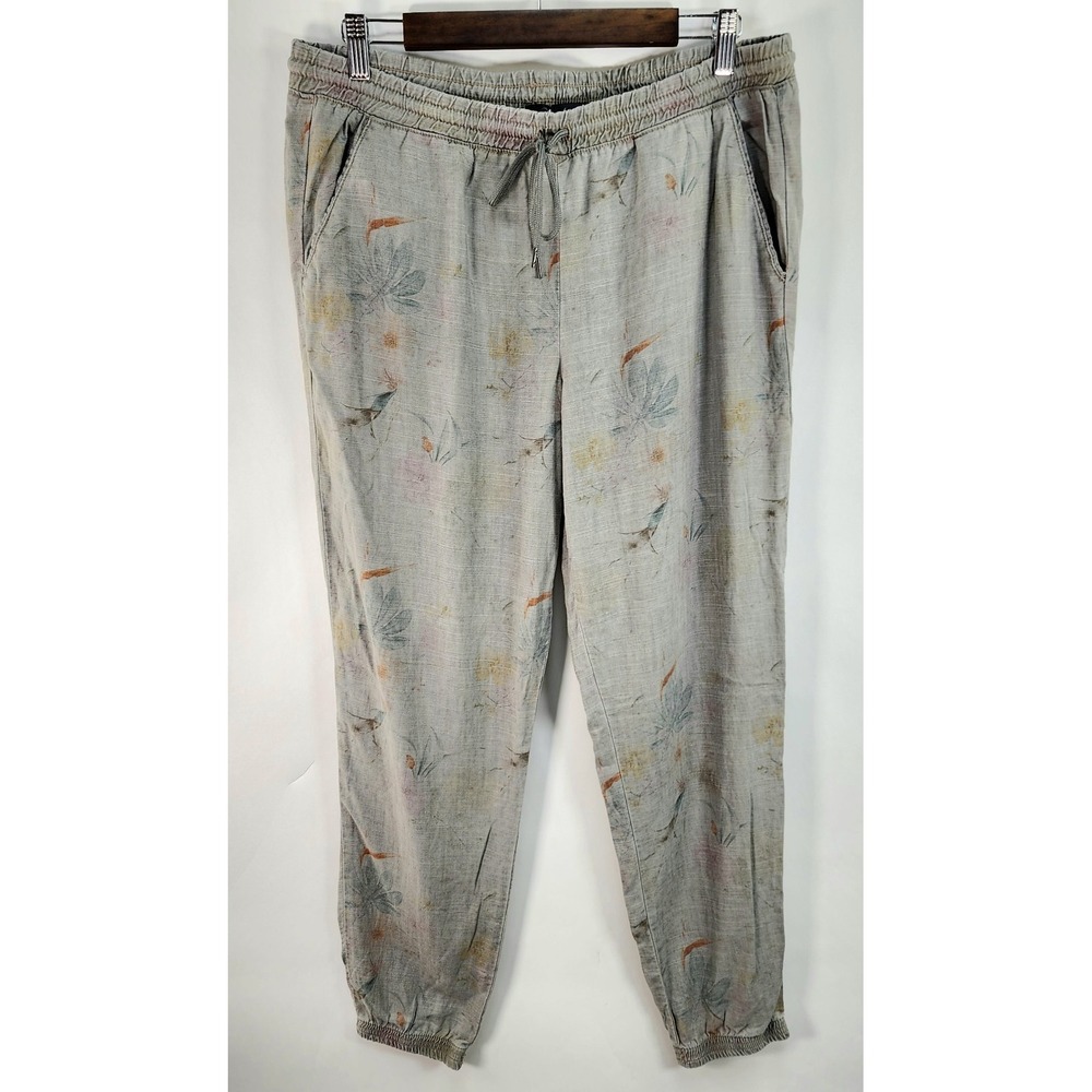 Level 99 Pants Linen Blend Jogger Women's L Gray Floral Drawstring Pockets